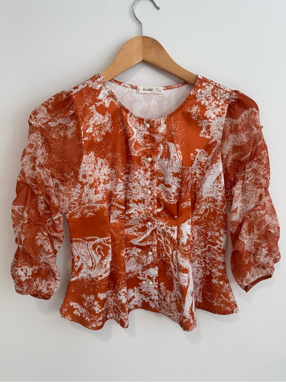 Lamer Fashion Rust Tiger Toile Pearl Button Blouse Size XS